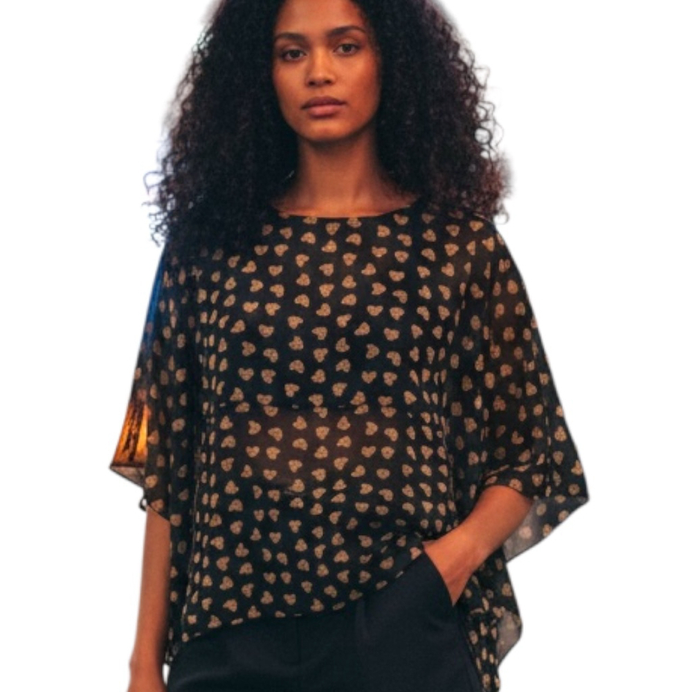 Katrina Marie Sheer Heart Print Blouse, M, Black/Gold Chiffon Boho Art USA